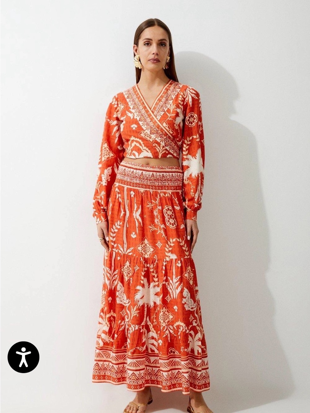 Karen Millen Orange and White Tropical Printed 2 Piece Wrap Top Maxi Skirt Sz 8